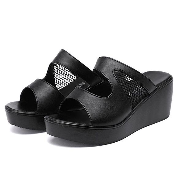 

women summer shoes 2021 white black fashion mesh split leather wedge platform big size beach slippers ladies