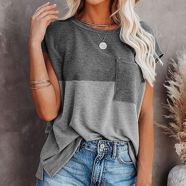 

women's t-shirt collision color patch pocket short sleeve o-neck loose plus size woman t-shirts pullover cotton vintage girl, White