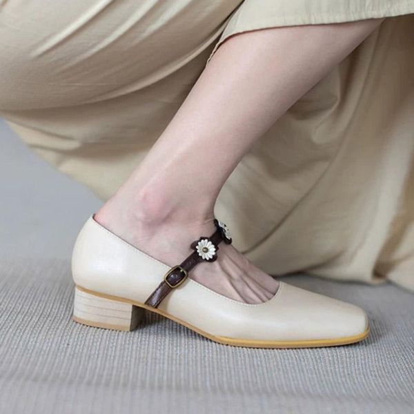 

women mary janes shoes flowers designer 2021 fashion mid heels dress square toe party for female 8558l, Black