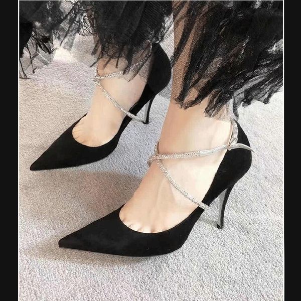 

dress shoes suede gladiator women pumps crystal diamond ankle strap stilettos pointed toe thin high heels lady party 41 42, Black