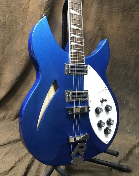 Ken 360 330 6 Saiten Metallic Blue Semi Hollow Body E-Gitarre, einzelnes F-Loch, Griffbrett aus Palisander, Dreieck-Inlay, Chrom-Hardware, R-Saitenhalter