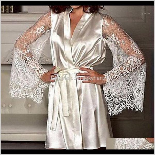 

underwear apparel drop delivery 2021 womens pajama dress long sleeve silk lace nightgown with belt sleepwear robe women bathrobe night g, Black;red