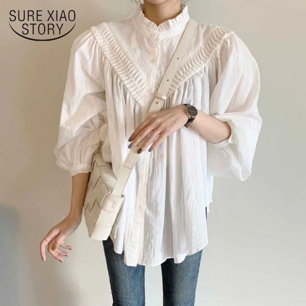 

autumn elegant lantern sleeve women blouse office lady single breasted shirts women solid plus size female clothing 12040 210528, White