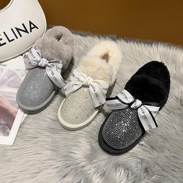 

boots 2021 luxury rhinestones flat ankle for women fashion bow plush warm snow woman slip on cotton padded shoes lady, Black