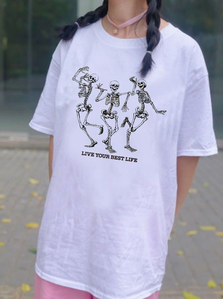 

goth woman t shirts skeleton living your life printed funny tee vintage halloween gift short sleeve gothic clothes 210518, White