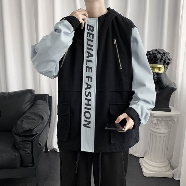 

men's jackets autumn retro cargo jacket hooded coat male student letter printing handsome loose korean color contrast patchwork ho, Black;brown
