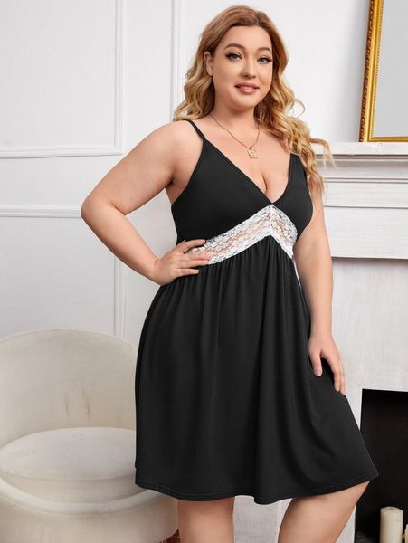 

plus contrast lace cami night dress 93tg#, Black;white