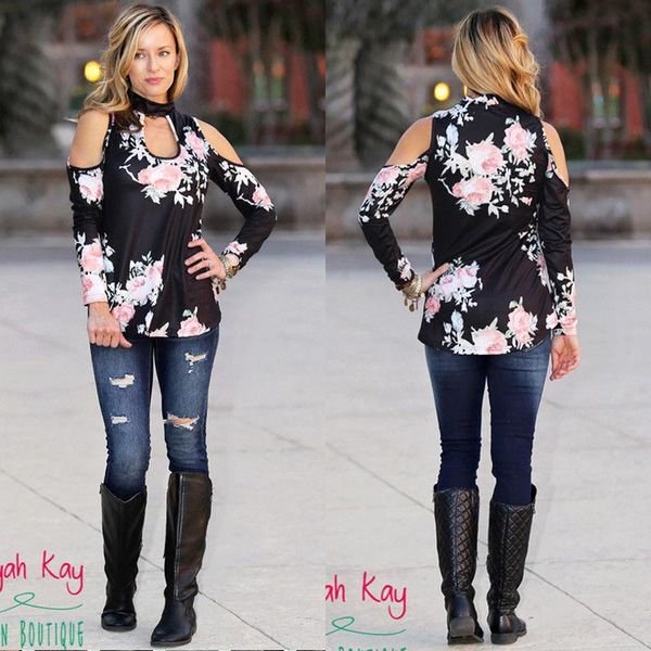 

fashion women ladies floral blouse long sleeve autumn cold shoulder women's blouses & shirts, White