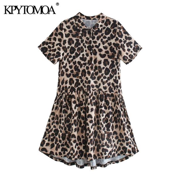 

women chic fashion with buttons leopard print mini dress vintage short sleeve animal pattern female dresses mujer 210416, Black;gray