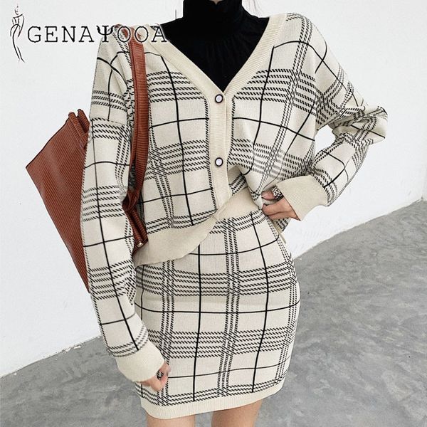 

genayooa 2 sets womens outfits casual knit two piece set skirt v-neck elastic waist autumn winter korean style 210417, White