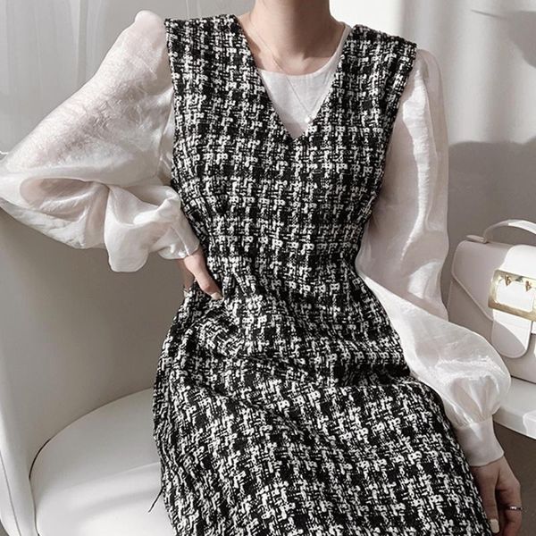 

casual dresses [ewq] korea autumn simple round neck slightly transparent bubble sleeve shirt + crimped waist tweed strap dress 2021 16e4426, Black;gray
