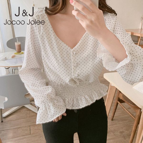 

jocoo jolee v neck flare sleeve button ruffles cropped elegant korean polka dot chiffon blouse slim waist shirt 210518, White
