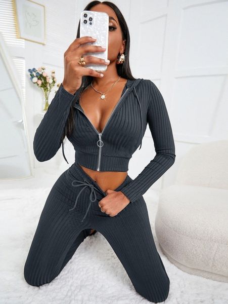 

rib-knit o-ring zipper drawstring hoodie & leggings z2xv#, White