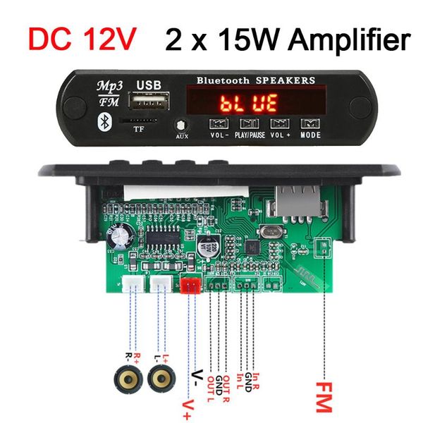 

2*15w mp3 player decoder board bluetooth 5.0 2v car fm radio module support tf usb aux wma wav decoding & mp4 players