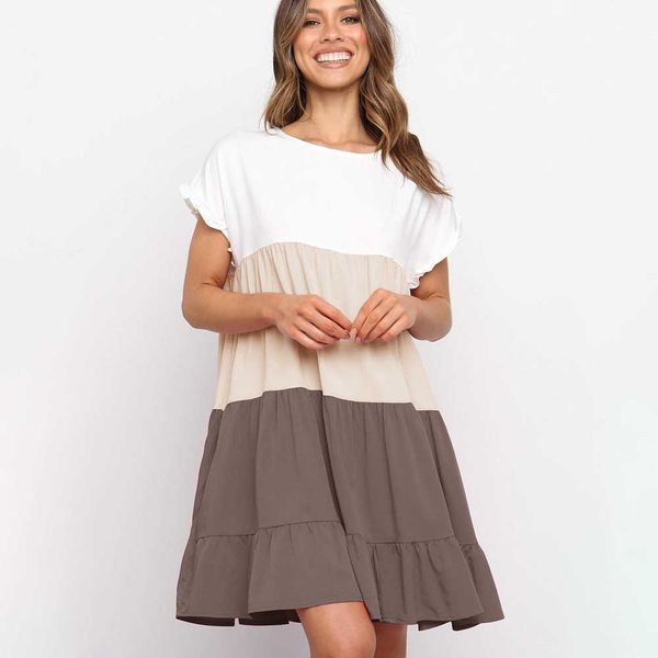 

casual dresses fashion short sleeve loose causal mini beach woman dress 2021 summer colors patchwork ladies for women robe femme 8, Black;gray