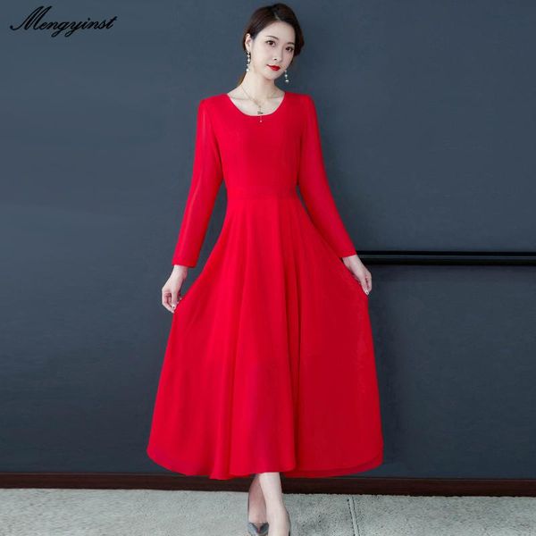 

casual dresses elegant o-neck collar dress for women 2021 spring female chiffon long sleeve high waist a-line slim work wear sexy, Black;gray