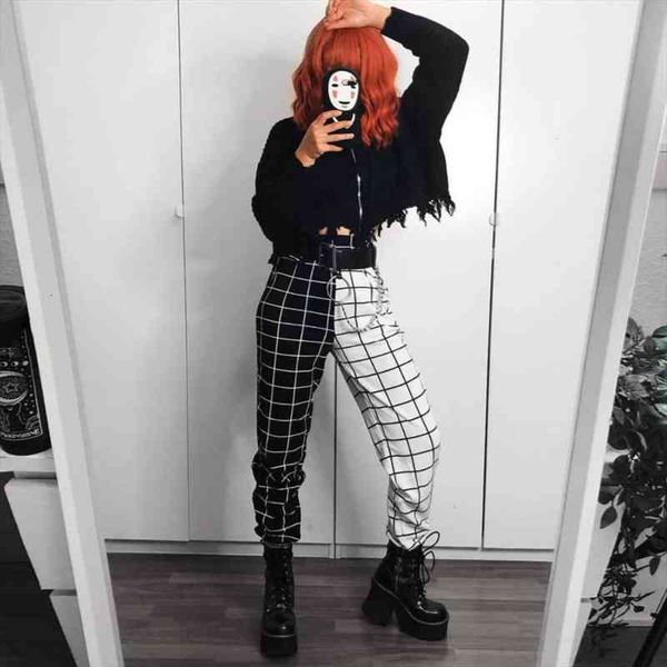 

checkerboard plaid casual cargo gothic womens capris streetwear fashion high elastic waist patchwork long spliced trousers, Black;white