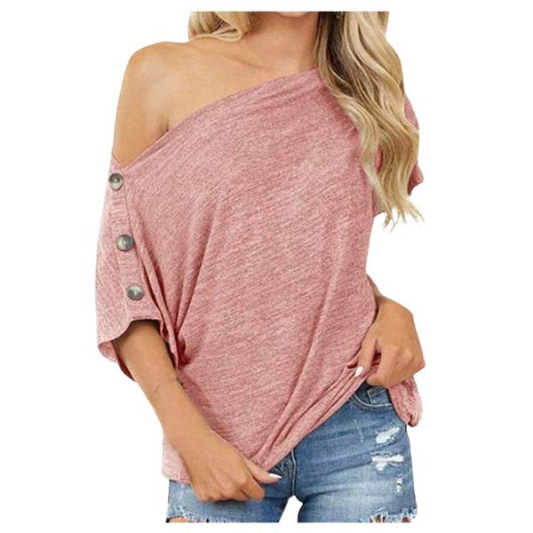 

women's t-shirt tee shirt summer loose solid color slash neck woman t-shirts button short-sleeved elegant plus size, White