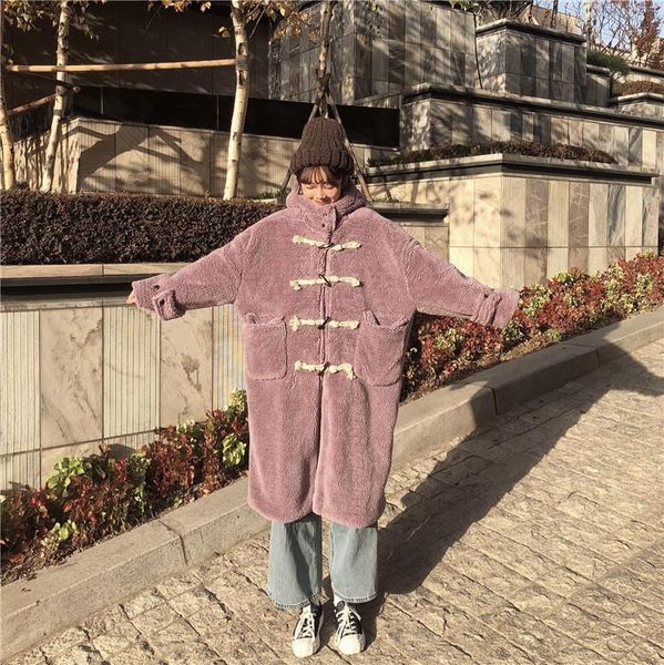 

women's wool & blends winter loose mid-length hooded horn button coat women oversize fashion outerwear female, Black
