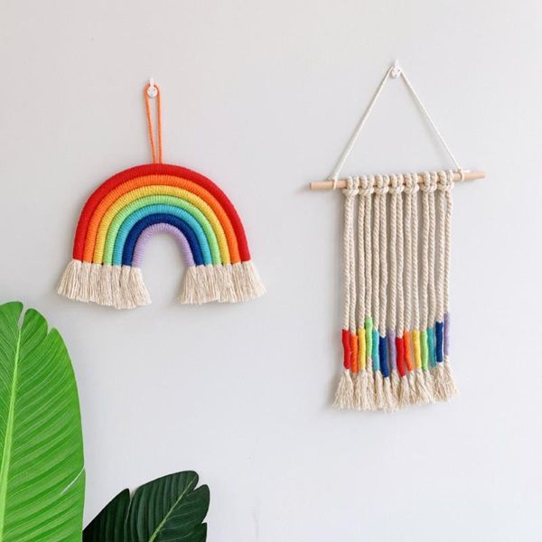 

tapestries macrame rainbow hand-woven tapestry style wall hanging bohemian children room decor pendant home decorations