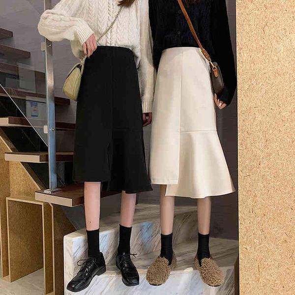 

skirts fdfklak korean mid-length fishtail skirts spring autumn skirt female high waist retro woolen irregular a-line skirt women de8p, Black