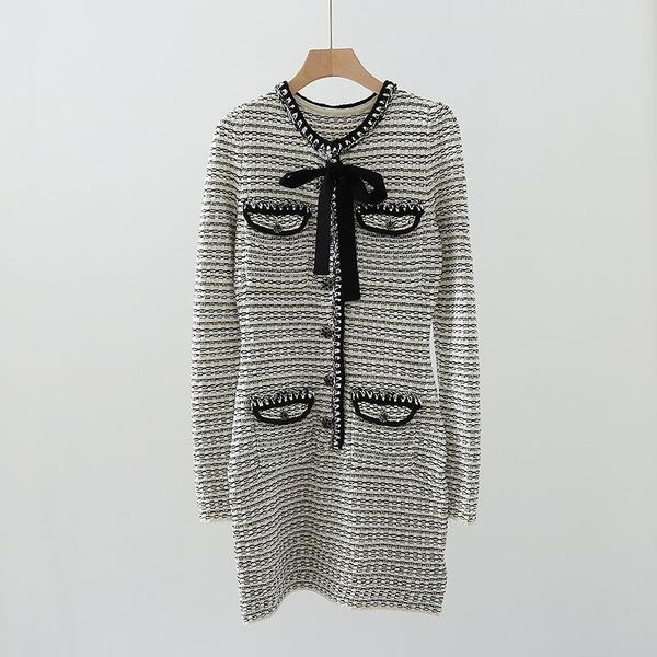 

casual dresses women fashion autumn vintage elegant elastic slim o neck bowknot pocket wool knitted dress, Black;gray