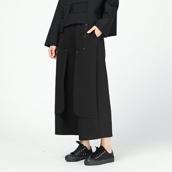 

women's pants & capris lanmrem 2021 women fashion autumn spring elastic waist symmetric buttons irregular straight female loose trouser, Black;white