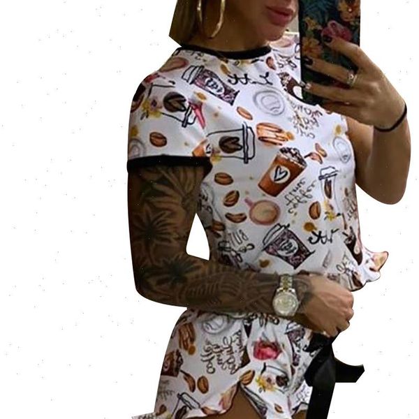 

two piece pajamas set women sleepwear print hem ruffle short sleeve summer sets female o neck high waist shorts, Black;red
