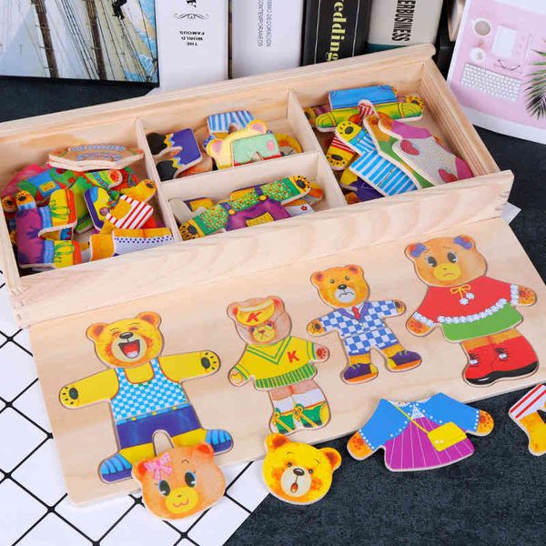 

wooden baby cub changing clothes boys and girls puzzle building block toys 3-6 years old