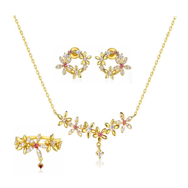 

earrings & necklace fashion exquisite gold plated romantic flowers with crystal for weddings and parties, necklaces, rings set, Silver