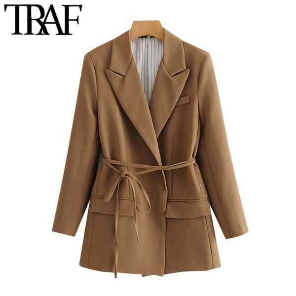 TRAF Moda donna con blazer avvolgente legato Cappotto Tasche a maniche lunghe vintage Capispalla femminile Chic Top 210415