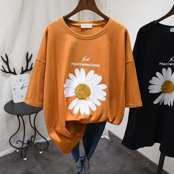 

women's t-shirt women summer cotton oversize tee short sleeve crewneck casual t shirt plus size flower printed home, White