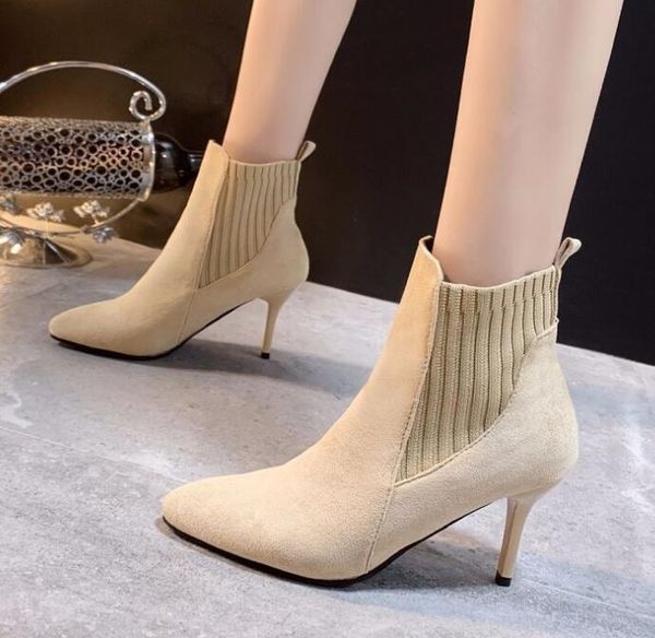 

boots women ankle short flock pointed toe 7cm thin heels winter booties woman wool elastic slip on, Black