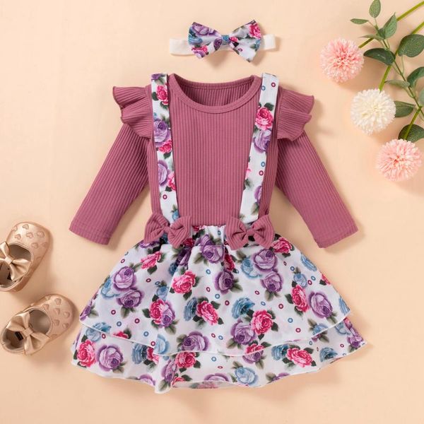 

clothing sets baby clothes winter long sleeve outfits toddler kid ruffled ribbed +floral bow suspender skirts set girl, White