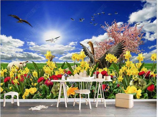 

wallpapers custom mural 3d po wallpaper blue sky and white clouds grassland flowers birds modern natural for wall 3 d