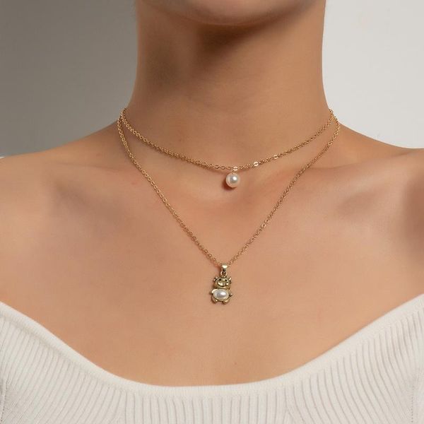 

pendant necklaces simple elegant imitation pearl cow calf necklace for women double layers chains clavicle colar jewelry gift, Silver