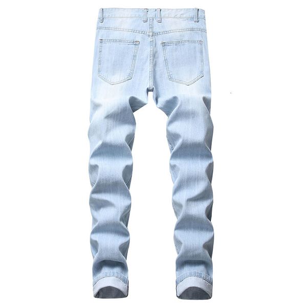 

new men casual denim ripped distressed jeans bleached pencil pants elastic vintage mid waist high quality, Blue