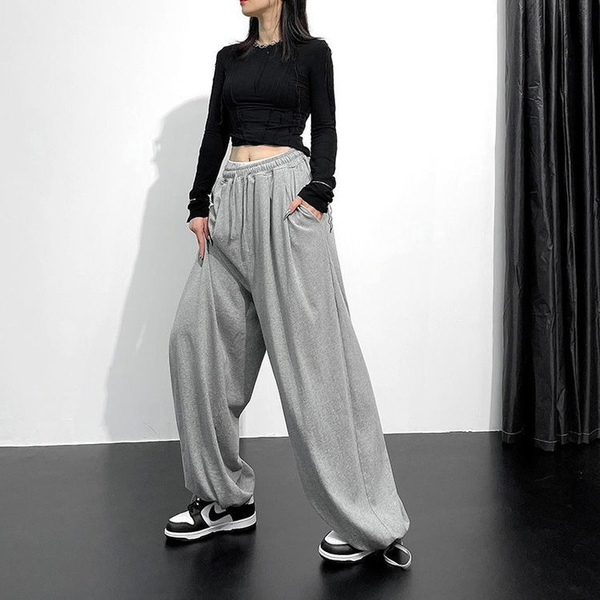 

gray wide leg pant summer 2021 korean fashion trousers women loose casual solid drawstring high waist pants women, Black;white