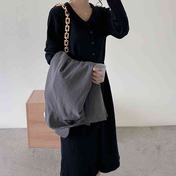 

dresses women french retro knit es solid loose long gentle turn-down collar elegant chic female fashion clothe, Black;gray