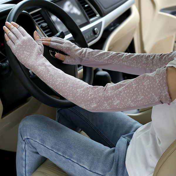 

five fingers gloves summer women' long cotton sun protection breathable half-finger driving and riding arm cover sleeves, Blue;gray