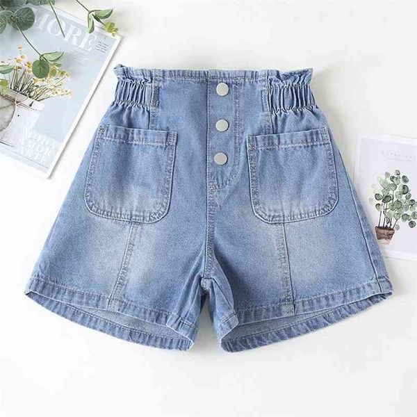 Pantaloncini Jean coreani per bambini Ragazze Una linea Pantaloni in denim di cotone Bottone Vita elastica Abbigliamento per bambini 4 8 12 anni Vestiti per adolescenti 210622