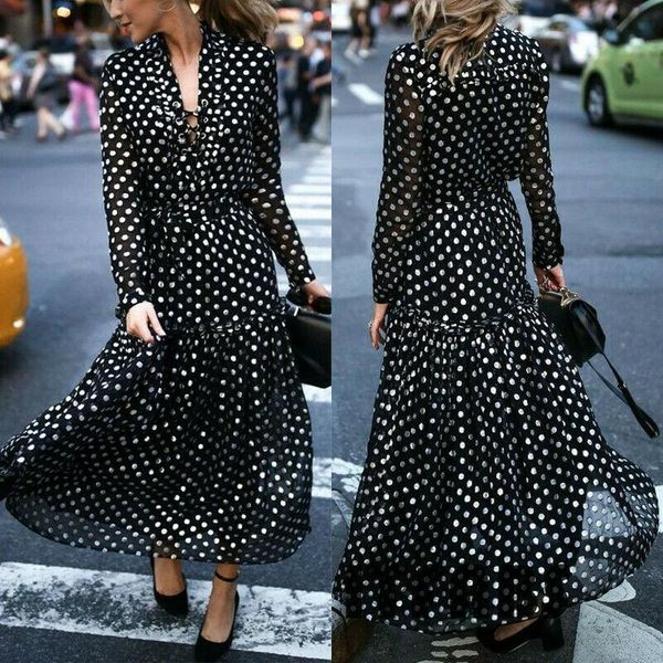 

casual dresses fashion polka dot split summer women deep v-neck long sleeve maxi dress ladies black and white vestido, Black;gray