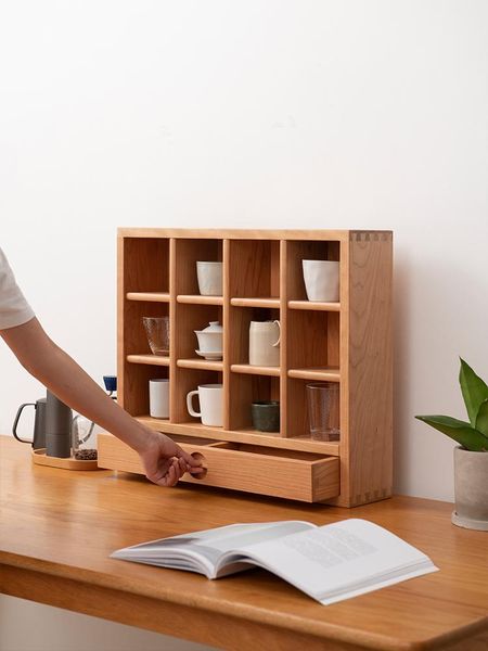 

hooks & rails wooden cup compartment storage rack office household desk curio box water holder