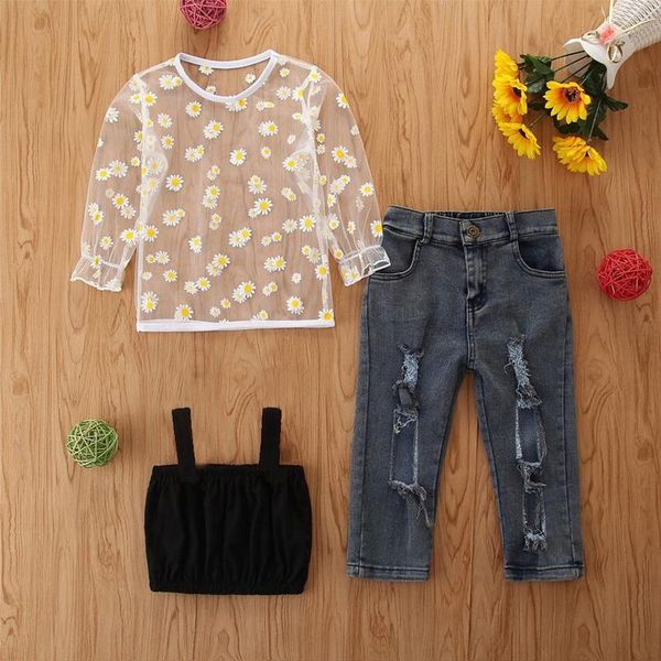 

clothing sets baby & children's girls casual three-piece clothes set black suspender + see-through pullover charcoal grey jeans, White