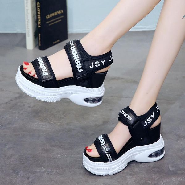 

woman open toe outdoor beach shoes drop super high heels wedges sandals women summer air cushion chunky platform, Black
