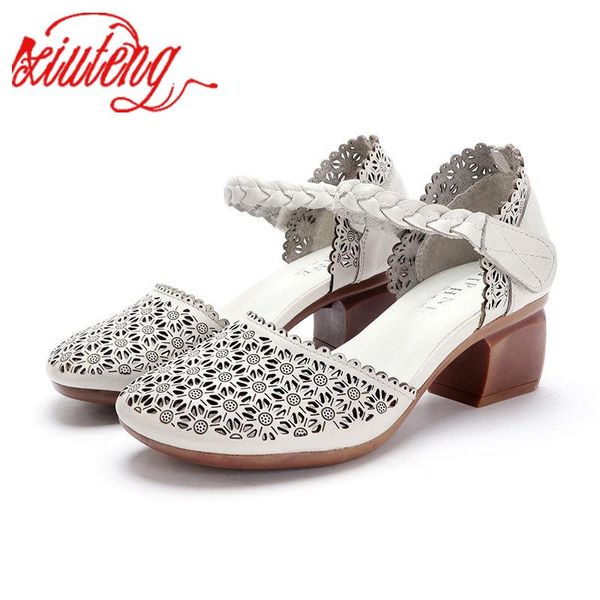 

dress shoes retro style summer women sandals cutout breathable sandalis woman casual genuine leather thick heel rome, Black