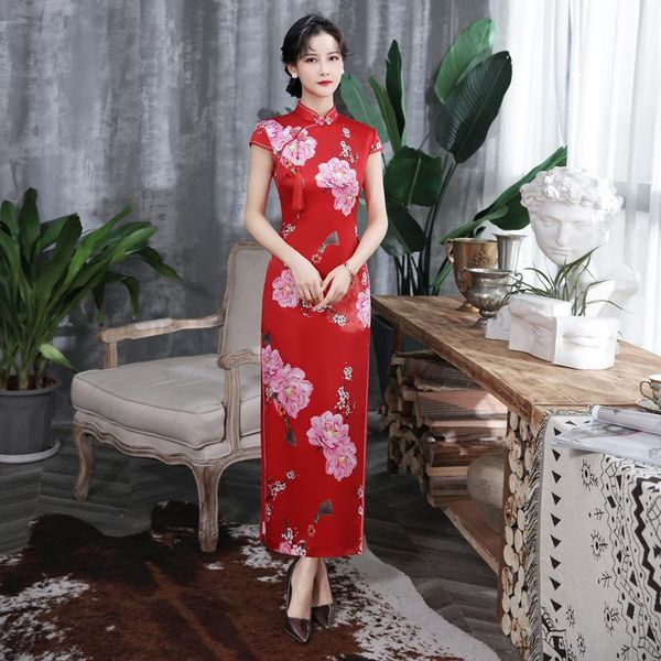 

ethnic clothing elegant mandarin collar lady satin print flower qipao long vestidos vintage button wedding dress slim cap sleeve cheong, Red
