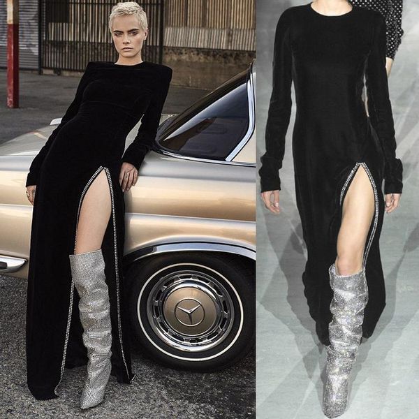 

casual dresses long velvet dress women spring high split beadings o neck runway waist slim elegant black bodycon party, Black;gray