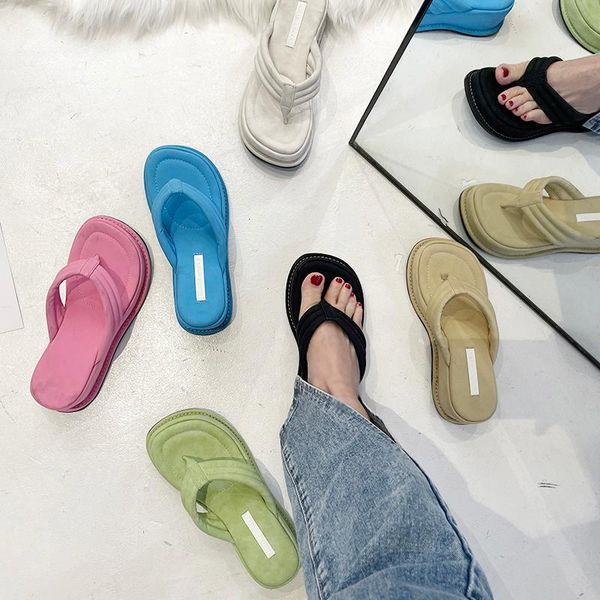 

slippers dxfan open toe summer beach platform women flip flops slides faux suede soft sole designer chunky sandals 2021 y2k shoes, Black