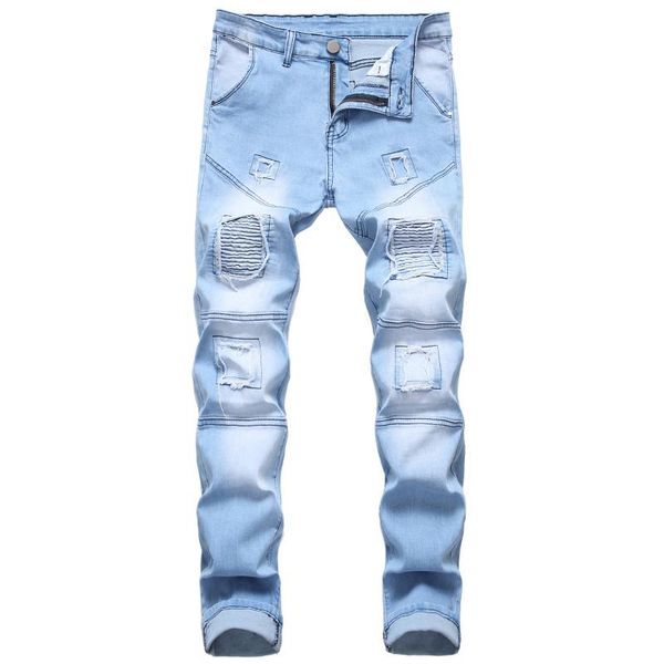

men's jeans men elastic waist skinny stretch ripped pants streetwear mens denim 2021 slim fashion, Blue